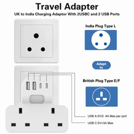 Amoi UK to India Plug Adapter, Travel Adaptor Plug UK to india for India,UK to India Travel Adapter with 2 USB+2 USB C17W USB C Fast Travel Charger,Grounded Pakistan, Sri Lanka, Yemen(Type D)