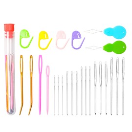 Hekisn 25Pcs Large Eye Blunt Yarn Needles kit, Assorted Sizes Bent Tapestry Darning Needle, Sewing Needles with Needle Threaders & Stitch Markers for Knitting Crochet (Red)