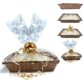 5 x DIY Make Your Own Hamper Wicker Gift Basket Box Kit with Shred+Cellophane+Bow Bamboo Baskets S, M, L, XL, XXL for Gift Hampers Christmas Birthday Christening Baby Shower Empty 4 Pcs Kit (Medium)