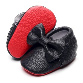 Double Bow Baby Moccasins - Soft Red Sole Baby Shoes Toddler Infant Fringe Girls Shoes (3-6months/11.5cm/4M US Toddler, Black)