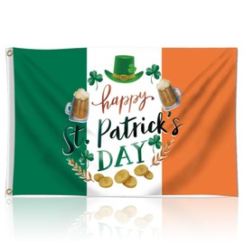 Happy St Patrick's Day Irish Flag, 3x5 Feet Vibrant Colors Ireland Flag Banner Print with Coins Shamrock, 2 Brass Eyelets