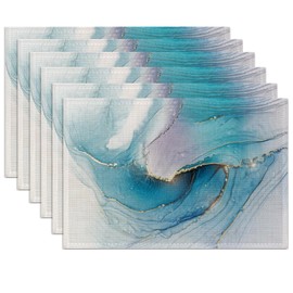 Teal Blue Placemats Set of 6,Washable Heat Resistant 12×18 Inch Linen Table Mats Marble Texture Place Mats for Party Outdoor Dining Décor