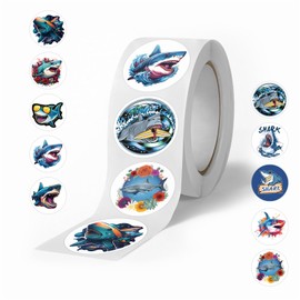 500 Pcs Shark Stickers, Cartoon Sharks Roll Sticker Label for Kids, Reward Stickers for Toddlers Party Favors, Teacher Awards, Goodie Bags
