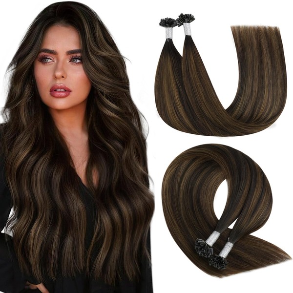 YoungSee Real Hair Bonding Extensions, Keratin U-Tip Extensions, Brown, Ombre, Medium Brown with Brown Highlights Remy Bonding Extensions, Hot Fusion, Nail Tip Extensions, 50 cm, 50 g, 1 g/s, #2/2/6