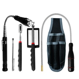 6 in 1 Multi-Function Magnetic Tool Set with Light - 8LB Telescoping Pickup Tool, Flexible Magnet Stick, Inspection Mirror & 4-Pocket Belt Pouch | for Mechanics & DIY Automotive Repair