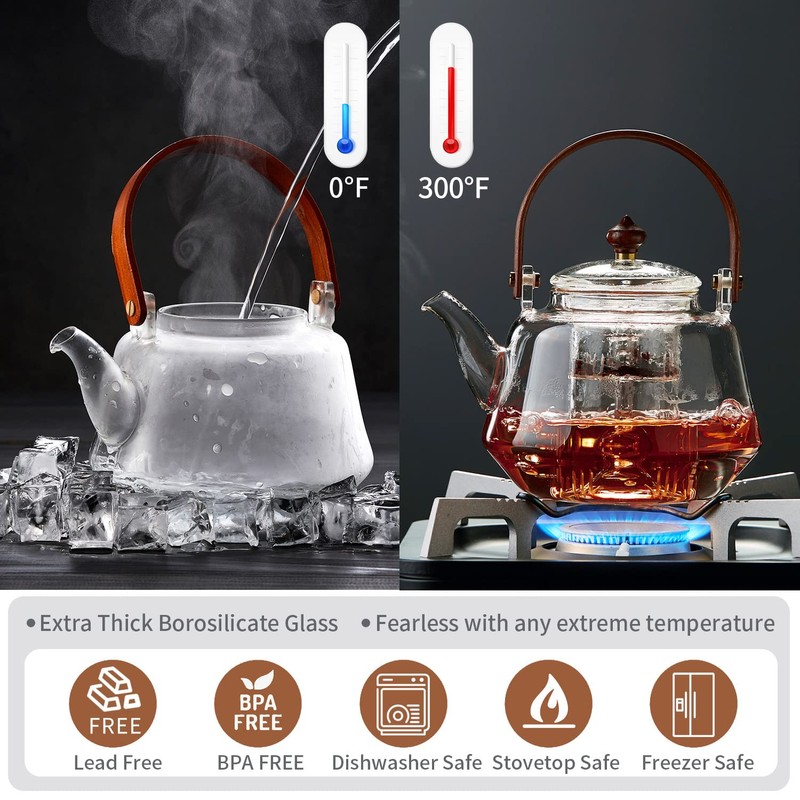 40oz Glass Teapot with Anti-Drip Spout, Peach Wood Handle and