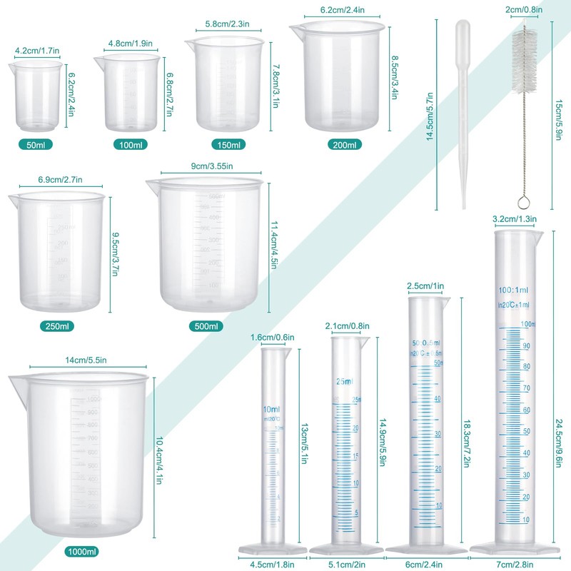 FRIUSATE 19 Pcs Plastic Graduated Cylinders and Measuring Beakers Set
