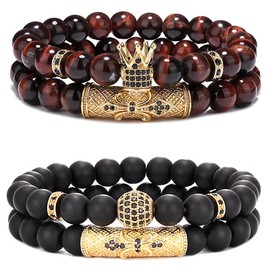 SAMOCO 4 Pcs 8mm Crown King Bracelets for Men Women Tiger Eye Black Matte Onyx Cool Natural Stone Beads Bracelets Set