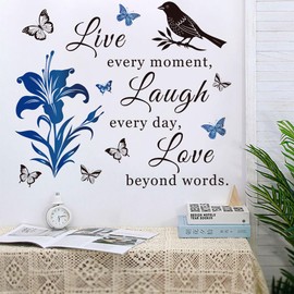 Motivational Wall Decal Quote Live Every Moment Laugh Every Day Love Beyond Words Wall Decals Family Inspirational Wall Stickers for Bedroom Living Room Window Decor Home Decor.(Blue)