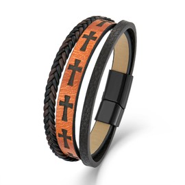 Mens Cross Leather Bracelet,Multi-Layer Braided Faith Cuff Bracelets for Men, Stainless Steel with Buckle Religious Memorial Bangle Gifts for Him 8.46"(21.5cm)