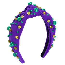 Sucrain 1PCS Mardi Gras Headband Green Yellow Purple Pearl Crystal Jeweled Knotted Hairband for Women Outfits Carnival
