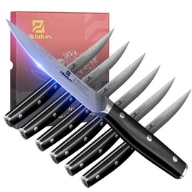 PIKLOHAS Steak Knives Set of 8 with Drawer Organizer, 4.5 Inch Non Serrated Dinner Knife, Forged German Steel Damascus Pattern Straight Edge Meat Knife with Full Tang Handle, Dishwasher Safe, Black - Color: set of 6 without block