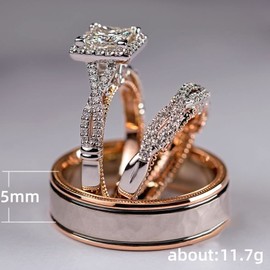 HengSun Promise Rings for Couples Set, 3 pc His and Her Wedding Ring Set, Hypoallergenic Rose Gold Imitation Diamond Ring Set, Cubic Zirconia CZ Bride Promise Rings Set, Size 6-10 (9)