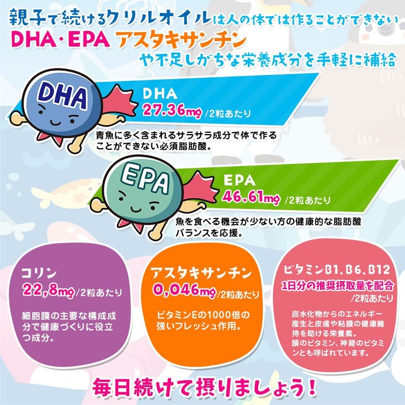 親子で続ける クリルオイル サプリ オメガ3 DHA EPA アスタキサンチン コリン ビタミン 60粒入り