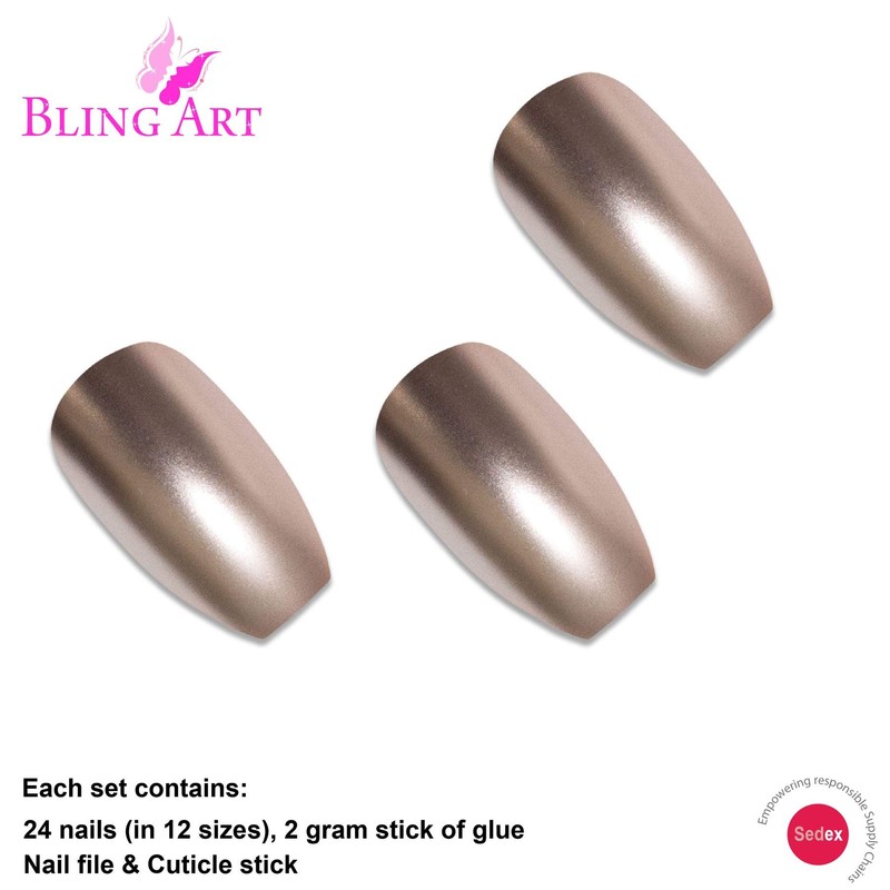Bling Type False Nails Beige Metallic Ballerina Coffin 24 False Nails