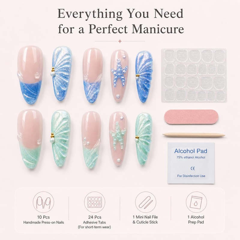 10Pcs Long Almond Press on Nails, Mermaidcore Ocean Theme False