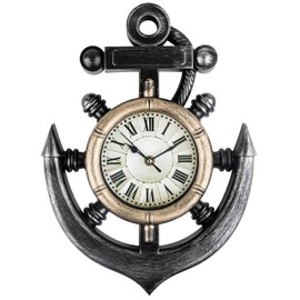 Timely Furnishings Anchor and Boat Wheel Wall Clock, Rustic Nautical Coastal Beach or Sea Theme Home Décor Silent, Non Ticking Sweep Movement