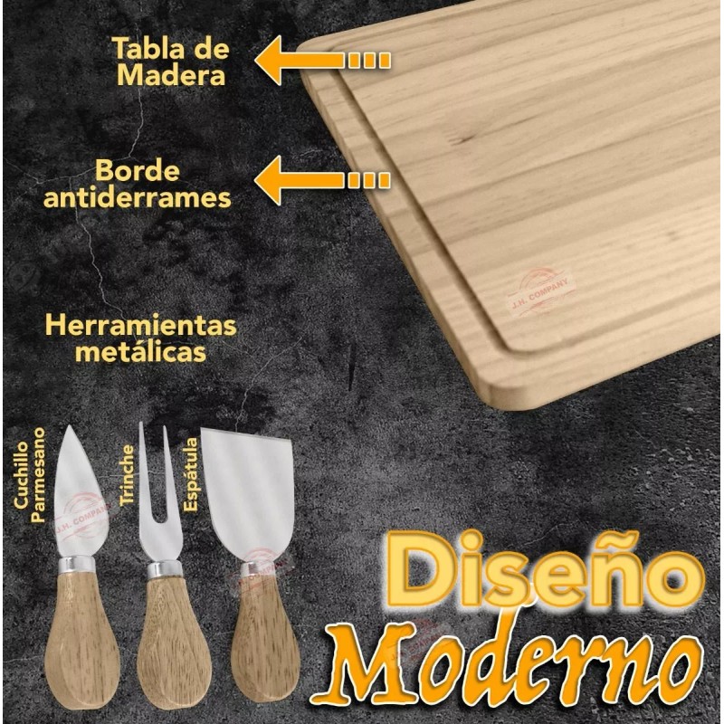 J.H. Companny Tabla Para Quesos Madera Con Utensilios Cortes Carnes