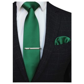 Jemygins Men’s Wedding Ties and Handkerchiefs - Plain Set with Tie Clip - Various Colours - Green, size: m