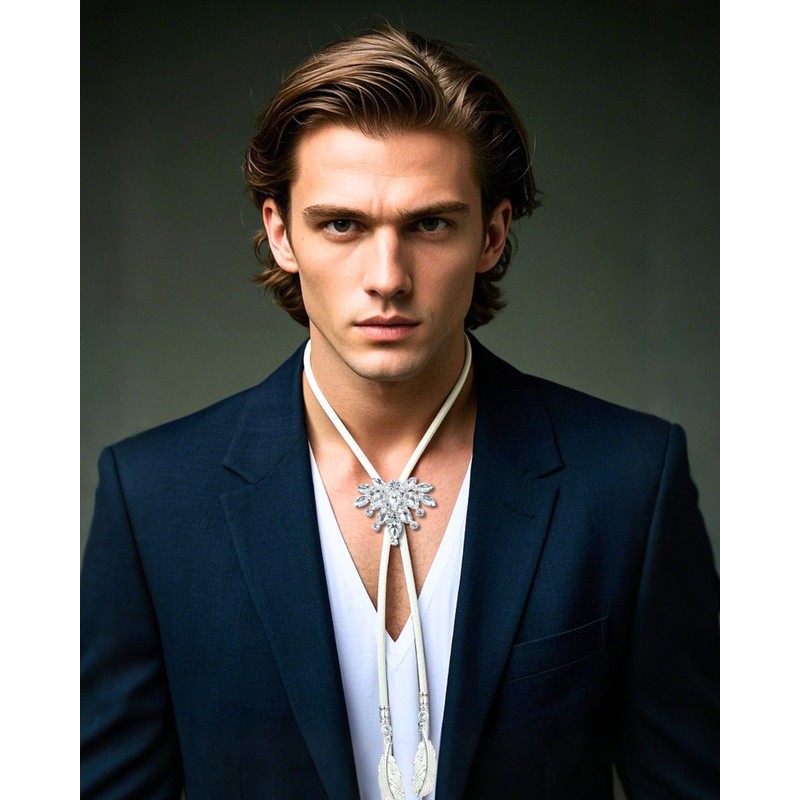 PEARLY JUN Bolo Tie for Men Women Rhinestone Silver Flower
