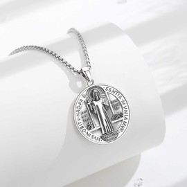 INFUSEU St Benedict Medals Sterling Silver Saint Benedict Necklace Women Men Medalla De San Benito De Plata 925 Original Catholic Pendant Christian Protection Jewelry Religious Gifts Spiritual