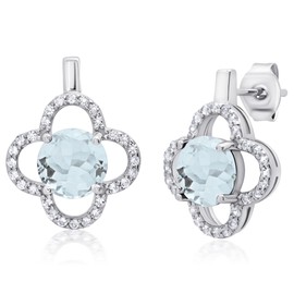 MAX + STONE 925 Sterling Silver Clover Stud Earrings for Women with Push Backs White Topaz Accents and 7mm Round Blue Aquamarine March Birthstone