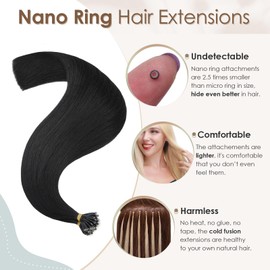 Elailite Black Nano Hair Extensions Real Human Hair With Nano Beads Rings Cold Fusion 50 Strands 50g Straight Long (#1 Jet Black, 24 Inch)