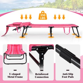 Giantex 2-Pack Tanning Chair, 350lbs Adjustable Patio Lounge Chair w/Face Hole, Removable Pillows, Carry Strap, Outdoor Folding Chaise Lounge for Layout Beach Poolside Lawn, Stripe Pink