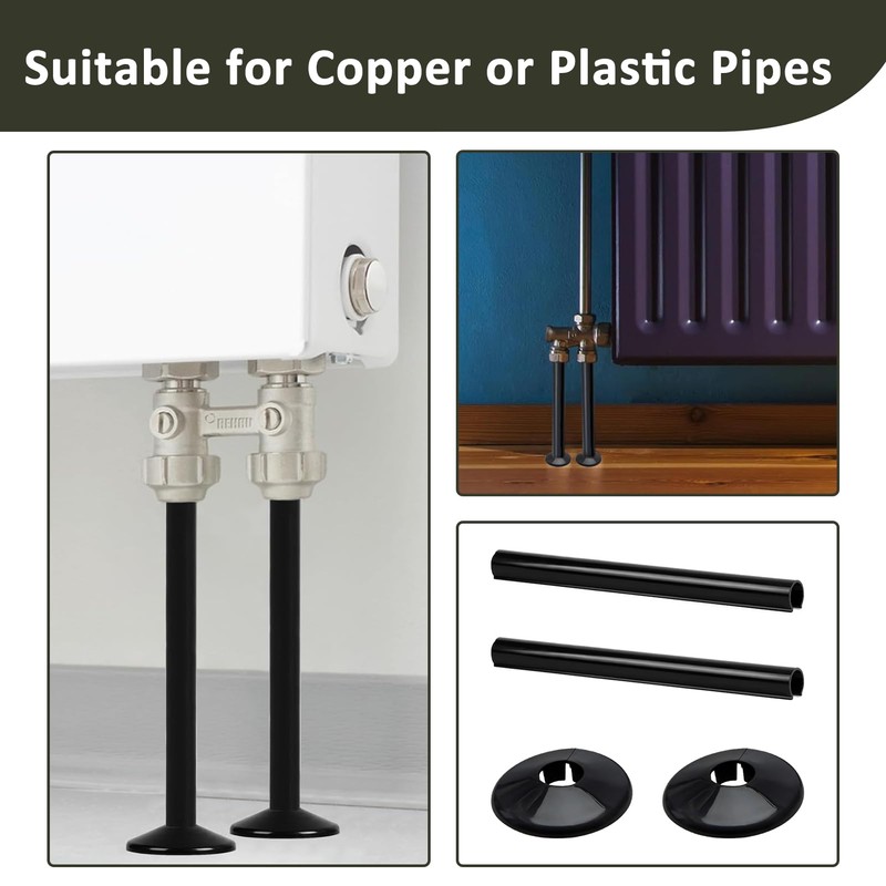 2 Pack Black Radiator Pipe Covers, 15mm x 200mm Matt