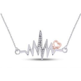 Wishrocks Round Cut Diamond Accent Heartbeat with Heart Necklace Jewelry For Women in 14K White Gold Over Sterling Silver Along With 18" Silver Chain