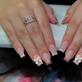 Medium Press on Nails Square Fake Nails Brown French Tip False Nails with 3D Bow Designs Stick on Nails Glossy Cute Glue on Nails for Women24cps