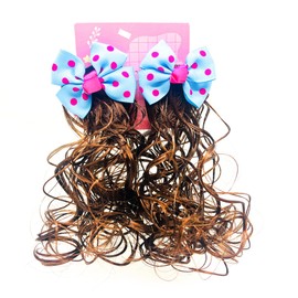 2 PCS Hair Extension for Girls Kids Ponytail Extension with Hair Clips Cute Hairpin Wig Braid for Baby Toddlers Little Girls Curly Brown Synthetic Hairpieces Ponytails Accessories (Blue Bow)