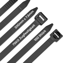 NEEKFOX Pack of 100 Cable Ties, Black, 300 mm x 7.6 mm, UV-Resistant, 75 kg Tensile Strength, Ultra Strong Cable Ties for Cable Management, Gardening, Living, Workshops