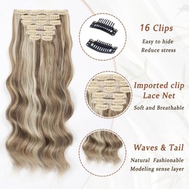 Vigorous Clip in Hair Extensions Light Blonde & Golden Blonde Long Wavy Hairpieces 20Inch Hair Extensions Clip Ins Soft Synthetic Hairpieces for Women (7Pcs)