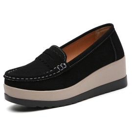 Women's Shoes with Thick Soles Wedge Heels Single Height Increase Platform Shoes Spring Autumn Suede Leather Slip-on LoafersColor: Black, US Size: 36