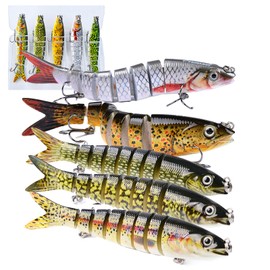 Joyeee 5 PCS Multi-Jointed Fishing Lures, Lifelike Slow Sinking Bass Swimbait for Freshwater and Saltwater, Segmented Treble Hook Floating Lure Kit for Perch, Trout, Walleye, Pike