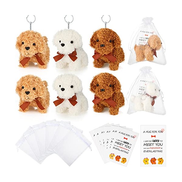 Suilung 18 Pcs Dog Party Favors Including 4.8 Inch Cute Plush Puppy Stuffed Animal, White Organza gift Bags and Greeting Tags for Themes Kids Birthday Supplies Mini Animal Keychain