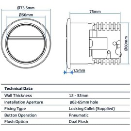 Taps2Traps Thomas Dudley Geo Dual Flush Button, Chrome Plated, 73.5mm Diameter, Pneumatic Operation
