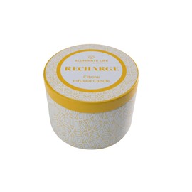 Aluminate Life Luxury Candle Tin, 6 OZ, Recharge - Citrine Crystal Infused - Scents of Lemongrass, Geranium, and Basil - Happiness, Manifestation, & Abundance - Coconut Wax, Essential Oils