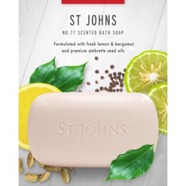 St. John No. 77 Luxury Soap Bar for Men 3X Triple Mille Bath, Body, Shower Soap Bar. 7 Oz Premium Creamy Scented Lather. Best smelling, selling soap bar for guys. Olive Oil, Glycerine, Vitamin E.