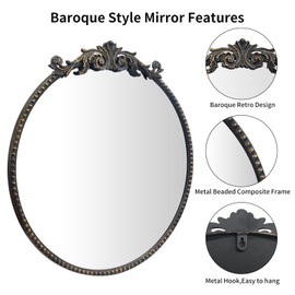 YIDIE Round Mirror, 28''Baroque Style Circle Mirror Vintage Black Metal Frame Wall Mirrors for Vanity, Bathroom or Bedroom