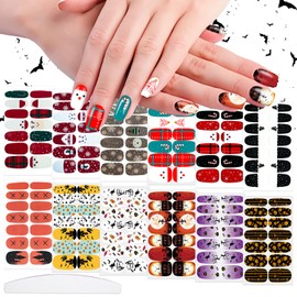 12 Sheets Halloween & Christmas Full Nail Wraps Stickers, Nail Polish Strips DIY Self-Adhesive Nail Art Decals Santa, Tree & Castle, Pumpkin Pattern with Nail Files for Holiday Party Decor