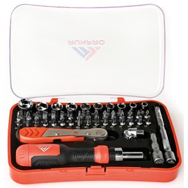 RUNPRO Tool Set 47 Pieces Multifunction Screwdriver and Ratchet Wrench 1/4 Inch Set Complete Magnetic Ergonomic with Sockets Bits Long and Articulated Short Extension