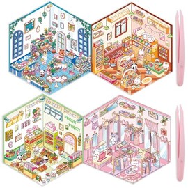 DIY 3D House Stickers, 4 Set Fun DIY Stickers Scene 3D Miniature Cute Cartoon Scene Stickers，Bear Workshop, Pig Restau rant, Barber Shop, Library,2 Tweezers,for Adult Kids Relief Stress Pass The Time