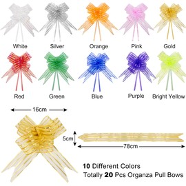 Time to Sparkle 20 PCS Pull Bows 5 * 78cm Large Organza Pull Bow Gift Wrapping Bows Present with Ribbon for Wedding Party Christmas Valentine's Day Colourful