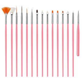 Qufiiry Pack of 15 Nail Brushes, Pink Nail Art Brush Set, Multifunctional Acrylic Nail Art Brush, Detail Painting Brush, for UV Gel, Nail Art Design Painting Salon and DIY