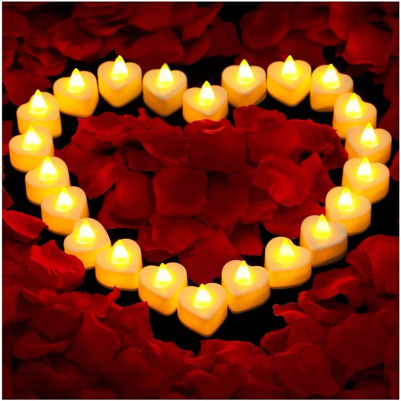 Toolzia LED Heart Tealight Candles with Artificial Rose Petals, 24-Piece