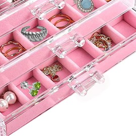YUFONG Earring Organizer Box Acrylic Jewelry Organizer with 3 Drawers 54 Adjustable Grids Clear Stackable Earring Holder Velvet Trays Ring Display Case for Women Girls (Pink)