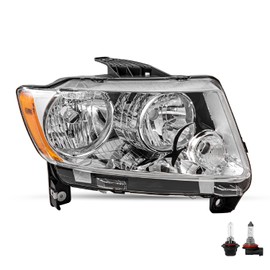 SOCKIR Halogen Headlight Assembly with Blubs Fit for 2011 2012 2013 Jeep Grand Cherokee 2011-2017 Compass (NOT for Cherokee) OE Style Passenger Side