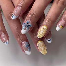 Tyuimhx 3D Blue Flowers Press On Nails, 24 Pcs Short Almond Acrylic False Nails with 3D Orange Designs, White French Tip, Full Cover Stick On Nails